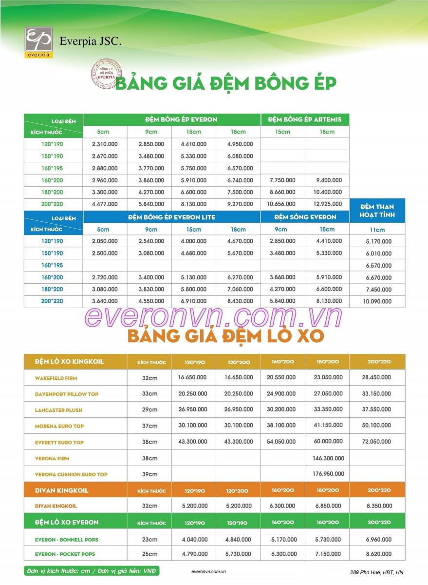 bảng giá đệm Everon 2019 bảng giá đệm Everon 2019