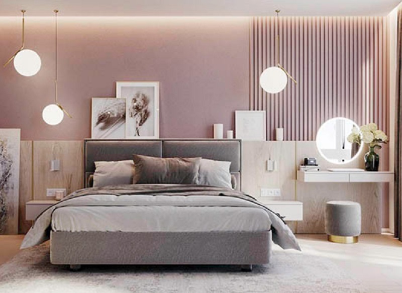 Ga giường màu xám phù hợp phòng ngủ màu hồng Pastel