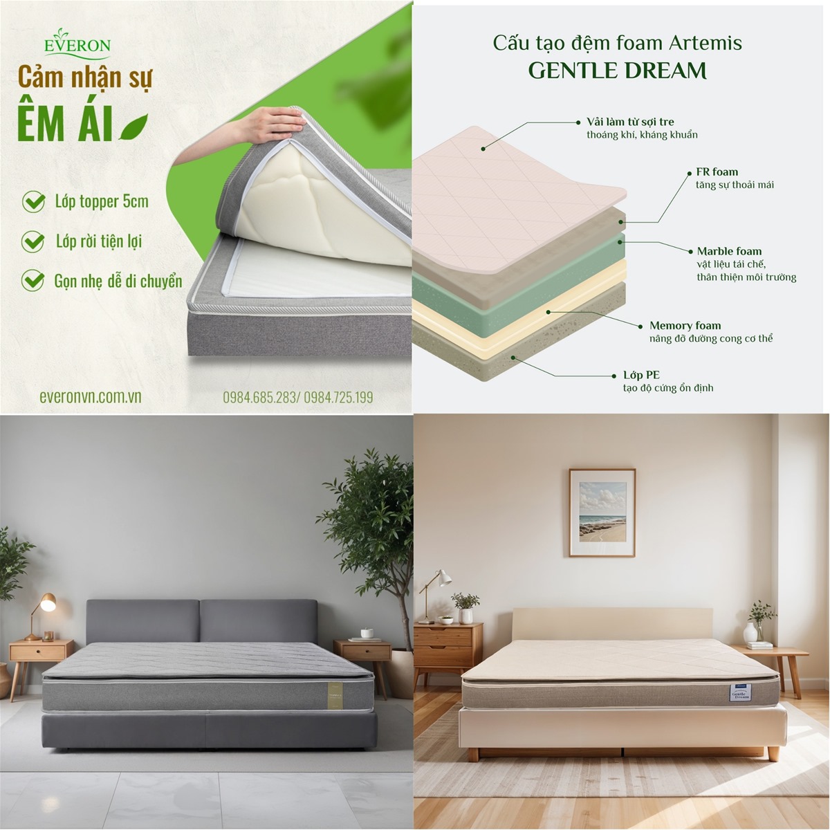Đệm Bông Ép Top Plus Everon và Đệm Foam Artemis Gentle Dream