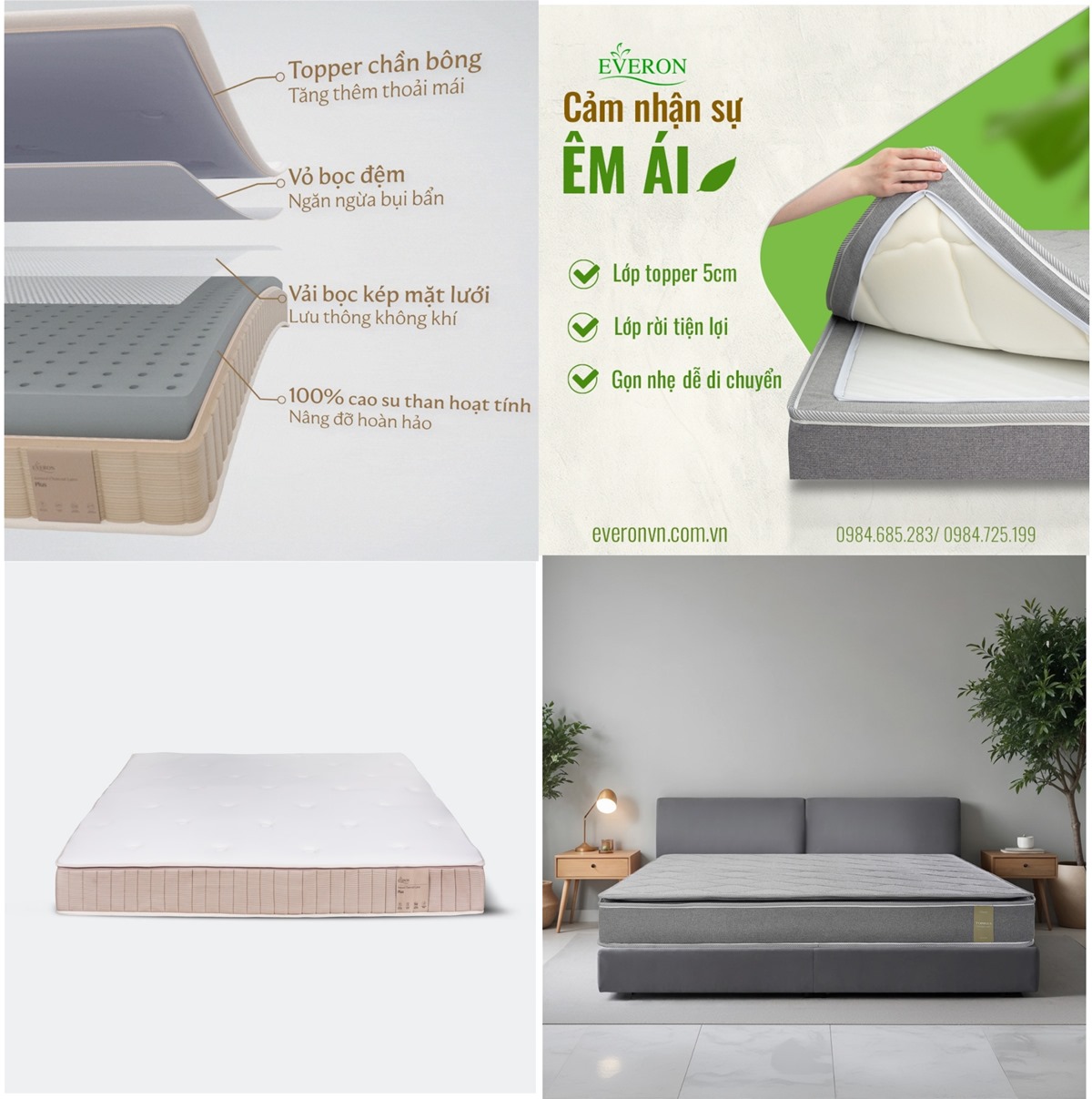 Đệm Bông Ép Everon Top Plus và Đệm Cao Su Everon Natural Charcoal Latex Plus