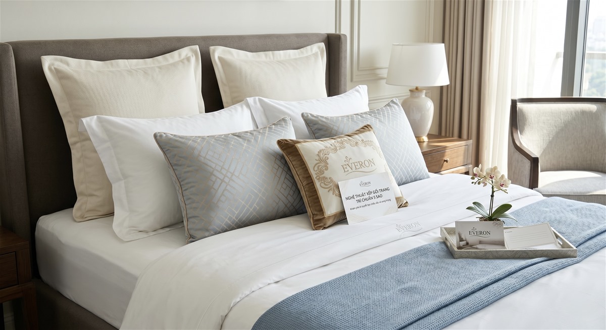 xếp gối trang trí trên giường ngủ chuẩn