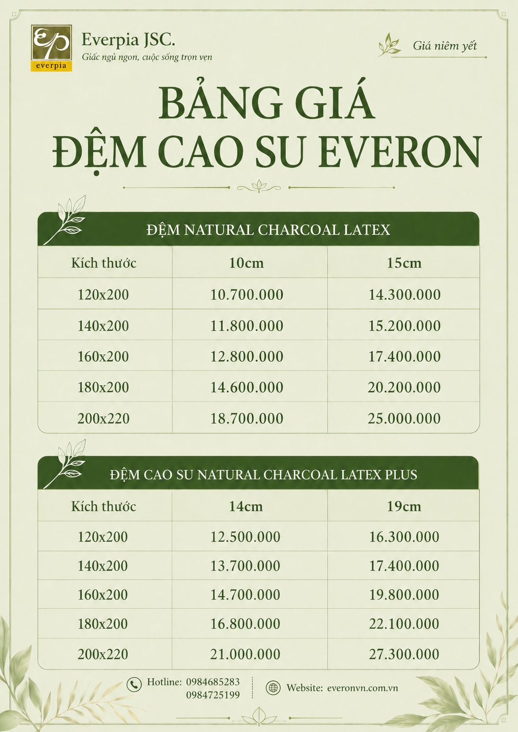 Bảng Giá Đệm Everon Năm 2026