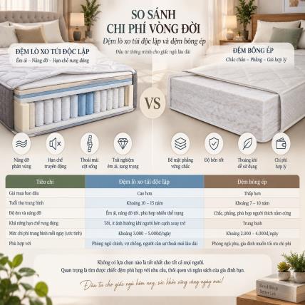 So sánh chi phí vòng đời của đệm lò xo túi độc lập và đệm bông ép